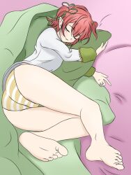Rule 34 | 1girl, bed, blanket, closed eyes, commission, feet, fuyo cloverfield, hair ribbon, idol corp, legs, nose, panties, pink hair, pointy ears, ribbon, shirt, sleeping, striped clothes, striped panties, thighs, toes, underwear, virtual youtuber