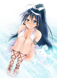Rule 34 | 1girl, aqua eyes, armlet, bare shoulders, black hair, blush, fang, feathers, from above, ganaha hibiki, gladiator sandals, hair ribbon, hugging own legs, idolmaster, idolmaster (classic), jewelry, kaiga, knees to chest, long hair, long legs, looking up, ponytail, ribbon, sandals, sitting, smile, solo, wading, water