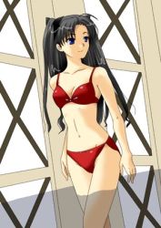Rule 34 | 00s, 1girl, bikini, black hair, blue eyes, bow, breasts, day, fate/stay night, fate (series), female focus, hair bow, hair ribbon, long hair, lowres, mikami mika, red bikini, ribbon, small breasts, solo, swimsuit, tohsaka rin, twintails, two side up, walking