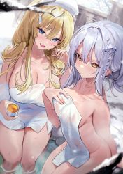 Rule 34 | 2girls, :d, absurdres, blonde hair, blue eyes, breasts, cleavage, collarbone, commission, covered navel, cup, fang, freng, frown, hair ornament, highres, holding, large breasts, long hair, looking at viewer, medium breasts, mole, mole on breast, mole under eye, multiple girls, naked towel, onsen, open mouth, original, pout, second-party source, smile, snow, towel, towel on head, v-shaped eyebrows, wet, white hair, winter, yellow eyes