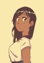 Rule 34 | 1girl, absurdres, akiosketch, brown eyes, closed mouth, commentary, dark-skinned female, dark skin, english commentary, from side, hair over shoulder, high-waist skirt, highres, looking at viewer, looking to the side, original, shirt, short sleeves, simple background, skirt, solo, white shirt, yellow background