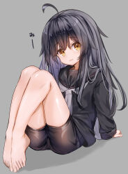 Rule 34 | 1girl, :3, ahoge, barefoot, bike shorts, black hair, black serafuku, black shorts, black skirt, brown eyes, feet, full body, grey background, highres, kantai collection, legs, logiclr, long hair, long legs, looking at viewer, mikazuki (kancolle), necktie, school uniform, serafuku, shorts, shorts under skirt, sitting, skirt, solo, toes, white necktie