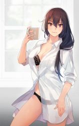 Rule 34 | 1girl, alternate costume, alternate hairstyle, black bra, black panties, bra, breasts, brown eyes, brown hair, buttons, cleavage, closed mouth, collarbone, cowboy shot, cup, dress shirt, hair between eyes, highres, holding, holding cup, jewelry, kantai collection, kasumi (skchkko), large breasts, lingerie, long hair, looking at viewer, nagato (kancolle), open clothes, open shirt, panties, ring, shirt, smile, solo, underwear, wedding ring, white shirt