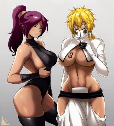 Rule 34 | 2girls, absurdres, arrancar, black thighhighs, bleach, blonde hair, breast tattoo, breasts, cleavage, covered erect nipples, curvy, dark-skinned female, dark skin, female focus, gloves, grey background, hair between eyes, high collar, highres, hollow (bleach), jmg, large breasts, leotard, looking at viewer, multiple girls, muscular, muscular female, navel, no bra, no panties, number tattoo, open clothes, ponytail, pulled by self, purple hair, revealing clothes, shihouin yoruichi, shrug (clothing), sideboob, skindentation, stomach, tattoo, thick thighs, thighhighs, thighs, tier harribel, trait connection, turtleneck, underboob, wide hips