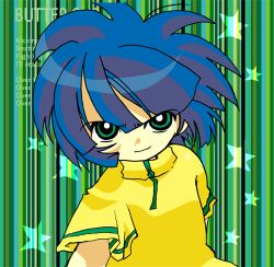 Rule 34 | &gt;:), 00s, 1girl, artist request, blue hair, green eyes, looking at viewer, lowres, matsubara kaoru, powered buttercup, powerpuff girls, powerpuff girls z, short hair, short sleeves, solo, star (symbol), striped, striped background, upper body, v-shaped eyebrows, vertical stripes