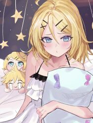 Rule 34 | 1girl, adolescence (vocaloid), adolescent princess (module), ahoge, aqua eyes, blonde hair, blue eyes, blush, camisole, collarbone, commentary, dress, elpuchi, frilled camisole, frills, hair ornament, hairclip, hairpin, highres, holding, holding pillow, kagamine len, kagamine rin, on bed, pillow, puckered lips, purple background, short hair, sitting, sleeveless, sleeveless dress, solo, spaghetti strap, star (symbol), stuffed toy, t t, vocaloid, white camisole, x hair ornament