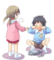 Rule 34 | 1boy, 1girl, black hair, broken, brown eyes, brown hair, brown shorts, child, closed eyes, crying, full body, giving, hands up, jewelry, kindergarten uniform, long hair, long sleeves, low twintails, niichi (komorebi-palette), open mouth, original, outstretched arm, red skirt, ring, robot, short hair, shorts, simple background, sitting, skirt, socks, standing, tears, twintails, white background, white legwear