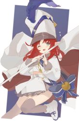 Rule 34 | 1girl, arknights, atianshi, bell, blue bow, blush stickers, boots, bow, brown thighhighs, commentary request, fang, flag, flower, flying sweatdrops, green eyes, hat, highres, holding, holding flower, jacket, long hair, long sleeves, looking at viewer, myrtle (arknights), myrtle (light gold celebration) (arknights), official alternate costume, one eye closed, open mouth, pointy ears, purple background, red hair, shako cap, skin fang, skirt, smile, solo, thighhighs, white background, white flag, white footwear, white hat, white jacket, white skirt