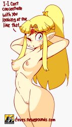 Rule 34 | 1girl, animated, animated gif, armpits, arms behind head, arms up, artist name, blonde hair, blue eyes, blush, bouncing breasts, breasts, circlet, cleft of venus, covered navel, cowboy shot, curvy, diives, english text, female focus, heart, highres, leotard, long hair, looking at viewer, medium breasts, nintendo, nipples, nude, one eye closed, open mouth, pointy ears, ponytail, princess zelda, pussy, simple background, solo, spoken heart, standing, super smash bros., sweat, talking, teeth, the legend of zelda, the legend of zelda: a link between worlds, watermark, web address, white background, wide hips