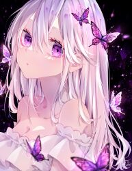 Rule 34 | 1girl, bare shoulders, breasts, bug, butterfly, cleavage, detached sleeves, dress, frilled dress, frills, glowing butterfly, grey hair, highres, insect, long hair, looking at viewer, luna s210, medium breasts, original, pink butterfly, pink eyes, purple butterfly, purple eyes, solo, white dress, white hair