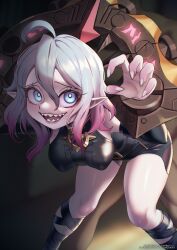 Rule 34 | 1girl, :d, ahoge, bent over, black leotard, blurry, blurry background, briar (league of legends), chained wrists, grey hair, grey nails, highres, kneehighs, league of legends, leotard, looking at viewer, multicolored hair, nail polish, open mouth, pink hair, pointy ears, sharp teeth, shiny skin, smile, socks, solo, strongbana, teeth, two-tone hair