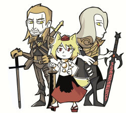 Rule 34 | 1girl, 2boys, :3, animal ears, armor, belt, blonde hair, boots, brown gloves, brown hair, character request, commentary request, commission, crossover, detached sleeves, geralt of rivia, gloves, hair slicked back, hand on hilt, hat, height difference, holding, holding sword, holding weapon, inubashiri momiji, long sleeves, armored boots, multiple boys, o-ring, red eyes, red skirt, sandals, scar, scar across eye, scar on face, setz, short hair, silver hair, simple background, skirt, smile, sword, tail, the witcher (series), the witcher 3, tokin hat, touhou, trait connection, weapon, white background, wolf ears, wolf tail, yellow eyes
