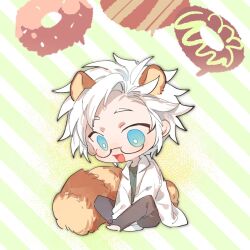Rule 34 | 1boy, animal ears, black pants, blue eyes, chibi, chinese commentary, commentary request, doughnut, food, glasses, green shirt, kanou aogu, kemonomimi mode, lab coat, long sleeves, male focus, niko (nikooo2016), no nose, no sclera, open mouth, pants, raccoon boy, raccoon ears, raccoon tail, saibou shinkyoku, shirt, short hair, sitting, smile, solo, striped, striped background, tail, white hair