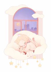 Rule 34 | 1girl, :3, a xuan233, amai hiyo, animal ears, blonde hair, blush, bow, building, cat ears, cat girl, cat tail, child, closed eyes, cloud, commentary, crescent moon, eyebrows, eyelashes, feet, forehead, holding, indie virtual youtuber, indoors, lying, moon, night, night sky, no shoes, on side, open mouth, red bow, silhouette, simple background, sky, sleeping, solo, star (symbol), stuffed toy, tail, virtual youtuber, white background, window