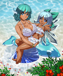 Rule 34 | 2girls, blue eyes, blue hair, bow, bracelet, breasts, cirno, fins, flower, hair bow, head fins, highres, holding, jewelry, large breasts, lots of jewelry, mermaid, monster girl, multiple girls, open mouth, outstretched arm, outstretched hand, short hair, smile, tan, touhou, umigarasu (kitsune1963), wakasagihime, wings