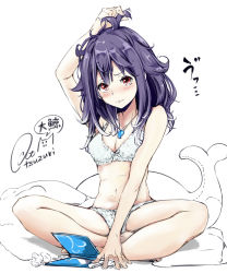 Rule 34 | 10s, 1girl, ahoge, arm up, artist name, bare shoulders, blush, bow, bow bra, bow panties, bra, breasts, cleavage, hair down, indian style, jewelry, kantai collection, medium breasts, messy hair, necklace, panties, purple hair, red eyes, rizzl, simple background, sitting, solo, stuffed whale, taigei (kancolle), underwear, underwear only, wavy mouth, white background, white bra, white panties