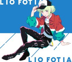 Rule 34 | belt, casual, character name, earrings, hat, highres, jacket, jewelry, lio fotia, long sleeves, looking at viewer, male focus, open mouth, pants, promare, purple eyes, rew241, shirt, smile, solo