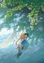 Rule 34 | 2girls, angel wings, aqua bow, aqua dress, aqua socks, black footwear, black hair, blonde hair, blue eyes, bow, day, dress, forehead, from above, green eyes, hair bow, hair over shoulder, halo, highres, holding, holding stuffed toy, lake, looking away, multiple girls, open mouth, original, outdoors, partially submerged, potg (piotegu), puffy short sleeves, puffy sleeves, shoes, short hair, short sleeves, sidelocks, smile, socks, solo, standing, stuffed animal, stuffed toy, tree, wading, white dress, wings