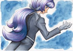 Rule 34 | 1girl, anabel (pokemon), blue background, closed mouth, commentary request, creatures (company), eyelashes, from behind, game freak, gloves, grey gloves, grey jacket, grey pants, grey ribbon, hair ribbon, hand up, highres, jacket, long hair, long sleeves, looking at viewer, looking back, nintendo, oka mochi, pants, pokemon, pokemon sm, purple hair, ribbon, shirt, solo, traditional media, white shirt