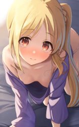 Rule 34 | 1girl, all fours, bare shoulders, blonde hair, blush, bocchi the rock!, breasts, closed mouth, collarbone, highres, ijichi nijika, long hair, looking at viewer, panties, purple shirt, ray mil68, red eyes, shirt, side ponytail, small breasts, solo, underwear, white panties