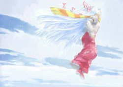 Rule 34 | 1girl, blouse, cloud, day, female focus, from side, fujiwara no mokou, full body, hands in pockets, highres, long hair, multi-tied hair, nakajimayou, outdoors, scarf, shirt, sky, snow, snowing, solo, striped clothes, striped scarf, touhou, very long hair, white shirt