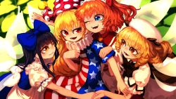 Rule 34 | 4girls, ;d, american flag dress, apron, ascot, back bow, beret, black hair, black vest, blonde hair, blue bow, blue eyes, blue ribbon, blue skirt, blue vest, blush, bow, clownpiece, collared shirt, commentary, drill hair, fairy wings, fangs, frilled shirt, frilled shirt collar, frills, fuji tarawi, hair bow, hand on another&#039;s arm, hand on another&#039;s shoulder, hat, headdress, highres, holding hands, jester cap, long hair, looking at another, luna child, medium hair, multiple girls, neck ribbon, neck ruff, one eye closed, open mouth, orange eyes, orange hair, parted lips, polka dot headwear, puffy short sleeves, puffy sleeves, red ascot, red eyes, ribbon, shirt, short sleeves, skirt, smile, star sapphire, straight hair, sunny milk, teeth, touhou, two side up, upper body, vest, waist apron, white apron, white bow, white headwear, white shirt, wings