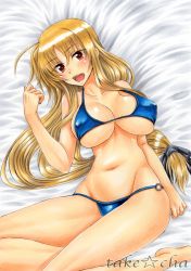 Rule 34 | 00s, 1girl, bad id, bad pixiv id, bikini, blonde hair, breasts, covered erect nipples, fate testarossa, gradient background, large breasts, long hair, looking at viewer, lying, lyrical nanoha, mahou shoujo lyrical nanoha strikers, marker (medium), navel, o-ring, o-ring bottom, open mouth, red eyes, shiny skin, skindentation, swimsuit, takecha, traditional media