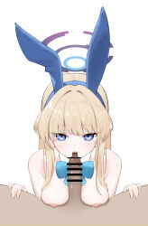 Rule 34 | 1boy, 1girl, absurdres, animal ears, bar censor, blonde hair, blue archive, blue bow, blue bowtie, blue eyes, blunt bangs, bow, bowtie, breasts, censored, commentary, detached collar, dongye1551, fake animal ears, halo, hetero, highres, imminent fellatio, looking at viewer, mechanical halo, medium breasts, nipples, official alternate costume, open mouth, penis, rabbit ears, sidelocks, simple background, toki (blue archive), toki (bunny) (blue archive), white background