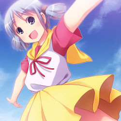 Rule 34 | 1girl, :d, blue eyes, blue hair, cloud, cosplay, day, cube hair ornament, hair ornament, happy, mahou no tenshi creamy mami, matching hair/eyes, morisawa yuu, morisawa yuu (cosplay), naganohara mio, nichijou, open mouth, outstretched arms, retro artstyle, sayousuke, shirt, short hair, short twintails, skirt, sky, smile, solo, spread arms, twintails