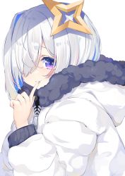 Rule 34 | 1girl, amane kanata, blue hair, chiyonekoko, closed mouth, coat, colored inner hair, commentary request, finger to mouth, from side, fur-trimmed coat, fur trim, hair over one eye, halo, highres, hololive, hood, hood down, hooded coat, long sleeves, looking at viewer, multicolored hair, pink hair, purple eyes, short hair, silver hair, simple background, smile, solo, star halo, streaked hair, upper body, virtual youtuber, white background, white coat