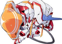 Rule 34 | bibi02, cable, chibi, clenched hand, darling in the franxx, fighting stance, foreshortening, horns, lance, mecha, mecha musume, polearm, red eyes, robot, single horn, strelizia, weapon