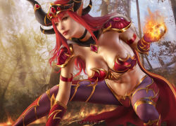 Rule 34 | 1girl, alexstrasza, armor, artist name, bikini armor, breasts, cape, casting spell, cleavage, day, elbow gloves, fire, forest, gloves, helmet, horns, jewelry, long hair, medium breasts, nature, pauldrons, pyrokinesis, red armor, red cape, red eyes, red gloves, red hair, red lips, shoulder armor, solo, warcraft, world of warcraft, yupachu