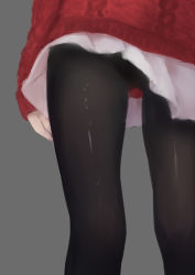 Rule 34 | 1girl, aran sweater, black pantyhose, cable knit, gluteal fold, grey background, long sleeves, lower body, original, pantyhose, pleated skirt, red sweater, shimmer, simple background, skirt, sleeves past wrists, solo, standing, sweater, thighs, white skirt