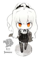 Rule 34 | 10s, 1girl, abyssal ship, ahoge, armor, armored boots, artist name, blush, boots, character name, chibi, coat, dress, female focus, figure, full body, gauntlets, kantai collection, long hair, meme attire, monochrome, necktie, nendoroid, orange eyes, original, pleated dress, ponytail, roar (siirakannu), scrunchie, siirakannu, simple background, skirt, solo, spot color, thighhighs, virgin killer outfit, white background, white hair