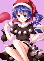 Rule 34 | 1girl, :d, apron, black dress, blob, blue eyes, blue hair, blush, book, breasts, commentary request, doremy sweet, dress, feet out of frame, hands up, hat, highres, holding, holding book, index finger raised, knees up, long hair, looking at viewer, medium breasts, open mouth, pom pom (clothes), ponytail, purple background, red hat, ruu (tksymkw), santa hat, short sleeves, simple background, smile, solo, tail, tapir tail, thighs, touhou, waist apron, white apron