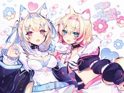 2girls :3 animal_ear_fluff animal_ears anzu_(anzuhan) bandaid bandaid_hair_ornament belt belt_collar black_collar black_jacket blonde_hair blue_belt blue_eyes blue_hair blue_hairband blue_nails breasts claw_pose cleavage collar commentary crop_top dog_ears dog_girl dog_tail donut dress english_commentary fangs food fur-trimmed_jacket fur_trim fuwawa_abyssgard fuwawa_abyssgard_(1st_costume) hair_intakes hair_ornament hairband happy_birthday highres hololive hololive_english horn_hairband jacket long_hair long_sleeves mococo_abyssgard mococo_abyssgard_(1st_costume) multicolored_hair multiple_girls open_mouth pink_belt pink_eyes pink_hair pink_hairband pink_nails pon_de_ring shirt short_hair shorts siblings sisters skin_fangs sparkle spiked_collar spikes streaked_hair tail twins two_side_up virtual_youtuber white_dress white_shirt white_shorts