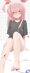 Rule 34 | bare legs, barefoot, black shirt, blood, blush, character request, copyright request, exe9 , feet, foreshortening, hair intakes, highres, injury, lip biting, long hair, pink eyes, pink hair, question mark, scissors, scratches, shirt, sitting, sweat, t-shirt, toes, white background