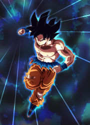 Rule 34 | 10s, 1boy, abs, aura, biceps, black hair, dragon ball, dragon ball super, frown, grey eyes, highres, incoming attack, incoming punch, looking at viewer, male focus, muscular, nipples, pants, punching, scuffed, shinopia, topless male, short hair, solo, son goku, spiked hair, torn clothes, torn pants, ultra instinct, wristband