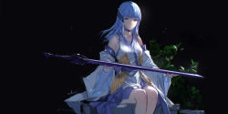 Rule 34 | 1girl, artist name, bare legs, bare shoulders, black background, blue choker, blue eyes, blue hair, breasts, choker, closed mouth, collarbone, copyright request, detached sleeves, expressionless, highres, holding, holding sword, holding weapon, japanese clothes, kimono, light, long hair, long sleeves, looking at viewer, medium breasts, negative space, plant, sitting, solo, swd3e2, sword, weapon, white kimono, wide sleeves