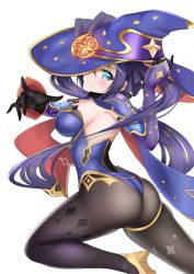 Rule 34 | 1girl, aqua eyes, artist request, ass, blush, breasts, cape, detached sleeves, elbow gloves, from behind, genshin impact, gloves, hair ornament, hair ribbon, hat, highres, leotard, long hair, looking at viewer, mona (genshin impact), pantyhose, purple hair, ribbon, shiny clothes, shiny skin, sideboob, smile, solo, thighlet, twintails, very long hair, vision (genshin impact)