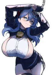 Rule 34 | 1girl, absurdres, ako (blue archive), bell, black gloves, black skirt, black thighhighs, blue archive, blue eyes, blue hair, blue hairband, blue jacket, blush, breasts, chain, cowbell, cowboy shot, cuffs, earrings, embarrassed, garter straps, gloves, hair between eyes, hairband, head tilt, highres, holding, holding chain, jacket, jewelry, kos-owl, large breasts, long hair, looking at viewer, neck bell, open clothes, open jacket, red ribbon, ribbon, shackles, sideboob, sketch, skirt, solo, thighhighs