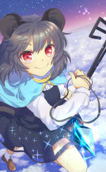 Rule 34 | 1girl, above clouds, absurdres, animal ears, blue capelet, blush, brown footwear, capelet, closed mouth, cloud, commentary request, crystal, dowsing rod, flying, full body, grey hair, grey skirt, grey vest, highres, holding, holding jewelry, holding necklace, jewelry, long sleeves, looking at viewer, mouse ears, mouse girl, mouse tail, nayozane (worker7), nazrin, necklace, pendant, red eyes, shirt, shoes, short hair, skirt, skirt set, smile, socks, solo, tail, touhou, vest, white shirt, white socks