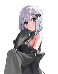 Rule 34 | 1girl, absurdres, bare shoulders, black bow, black dress, blue eyes, bow, breasts, closed mouth, commentary request, dress, grey hair, hair bow, highres, kaga sumire, kanzarin, long sleeves, looking at viewer, medium breasts, simple background, sleeves past fingers, sleeves past wrists, smile, solo, virtual youtuber, vspo!, white background