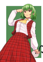 Rule 34 | 1girl, ascot, breasts, closed mouth, closed umbrella, collared shirt, commentary request, expressionless, foot out of frame, frilled ascot, frills, green background, green hair, hand in own hair, highres, holding, holding umbrella, kakone, kazami yuuka, large breasts, long skirt, long sleeves, looking at viewer, parasol, plaid, plaid skirt, plaid vest, red eyes, red skirt, red vest, shirt, shirt tucked in, short hair, skirt, skirt set, solo, touhou, two-tone background, umbrella, vest, white shirt, yellow ascot