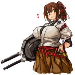 Rule 34 | 10s, 1girl, blush, breasts, brown eyes, brown hair, hair ribbon, impossible clothes, ise (kancolle), japanese clothes, kantai collection, katana, large breasts, long hair, musical note, ponytail, red ribbon, ribbon, sachito, solo, sword, turret, weapon