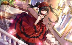 Rule 34 | 1girl, 300 heroes, bare shoulders, black hair, breasts, ceiling light, clock eyes, date a live, detached sleeves, dress, dutch angle, frilled dress, frills, hairband, heterochromia, indoors, lolita fashion, lolita hairband, looking at viewer, official art, plant, red dress, red eyes, roman numeral, smile, solo, stairs, symbol-shaped pupils, third-party source, tokisaki kurumi, twintails, yellow eyes