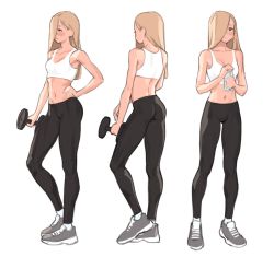 Rule 34 | 1girl, ass, bad id, bad pixiv id, black eyes, black pants, blonde hair, bottle, breasts, cleavage, dumbbell, full body, hair over one eye, halterneck, hand on own hip, highres, holding, holding bottle, long hair, luimiart, medium breasts, multiple views, navel, original, pants, shoes, skin tight, sneakers, sports bra, standing, tight clothes, tight pants, white background