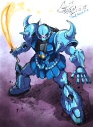 Rule 34 | armor, dated, full body, glowing, glowing eye, gouf, gundam, holding, holding sword, holding weapon, lunamoon, mecha, mobile suit, mobile suit gundam, multicolored background, no humans, robot, shoulder armor, solo, standing, sword, weapon