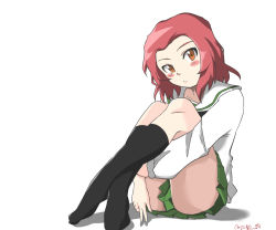 Rule 34 | 1girl, alternate costume, black neckerchief, black socks, blouse, blush stickers, brown eyes, closed mouth, clothes between thighs, commentary request, frown, full body, girls und panzer, green skirt, head tilt, hugging own legs, legs, long sleeves, looking at viewer, medium hair, miniskirt, neckerchief, no shoes, one-hour drawing challenge, ooarai school uniform, partial commentary, pleated skirt, red hair, rosehip (girls und panzer), school uniform, serafuku, shadow, shirt, simple background, sitting, skirt, socks, solo, twitter username, white background, white shirt, zono (inokura syuzo029)