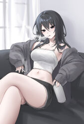 Rule 34 | 1girl, absurdres, armpits, bare legs, bare shoulders, black eyes, black hair, black shorts, breasts, camisole, can, cigarette, collarbone, crop top, crossed legs, feet out of frame, grey jacket, highres, holding, holding can, holding cigarette, jacket, large breasts, long hair, long sleeves, looking at viewer, midriff, navel, off shoulder, open clothes, open jacket, original, raki kr, shirt, short shorts, shorts, sitting, sleeveless, sleeveless shirt, smoke, smoking, solo, spaghetti strap, stomach, thighs, white shirt